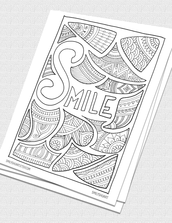 Smile instant download quotes coloring sheet printable positive quotes zentangle adult colouring page mindfulness coloring self care