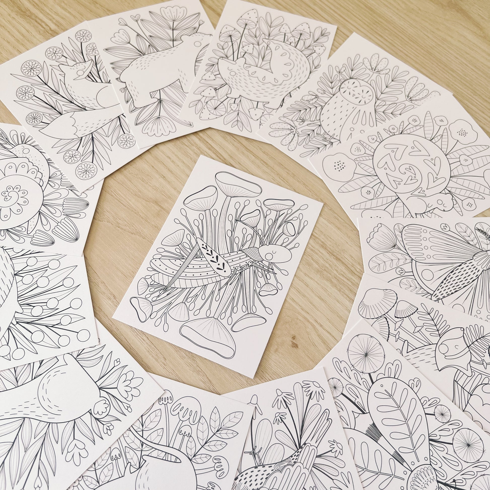 Set of woodland animal coloring postcards â oh little wren