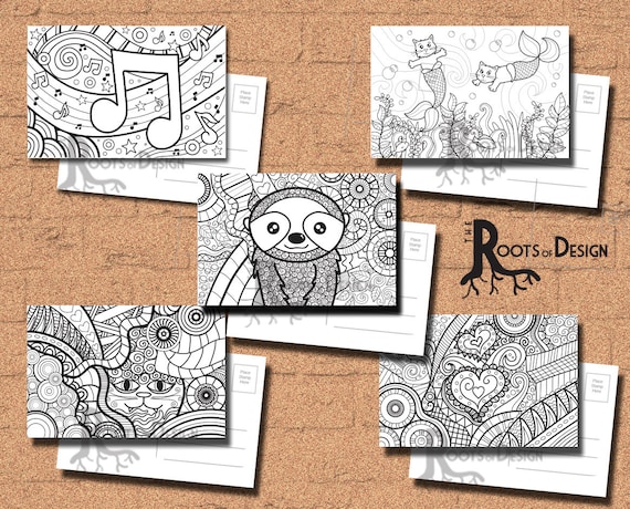 Instant download coloring postcard page bundle color your own fun postcards doodle art printable coloring postcards