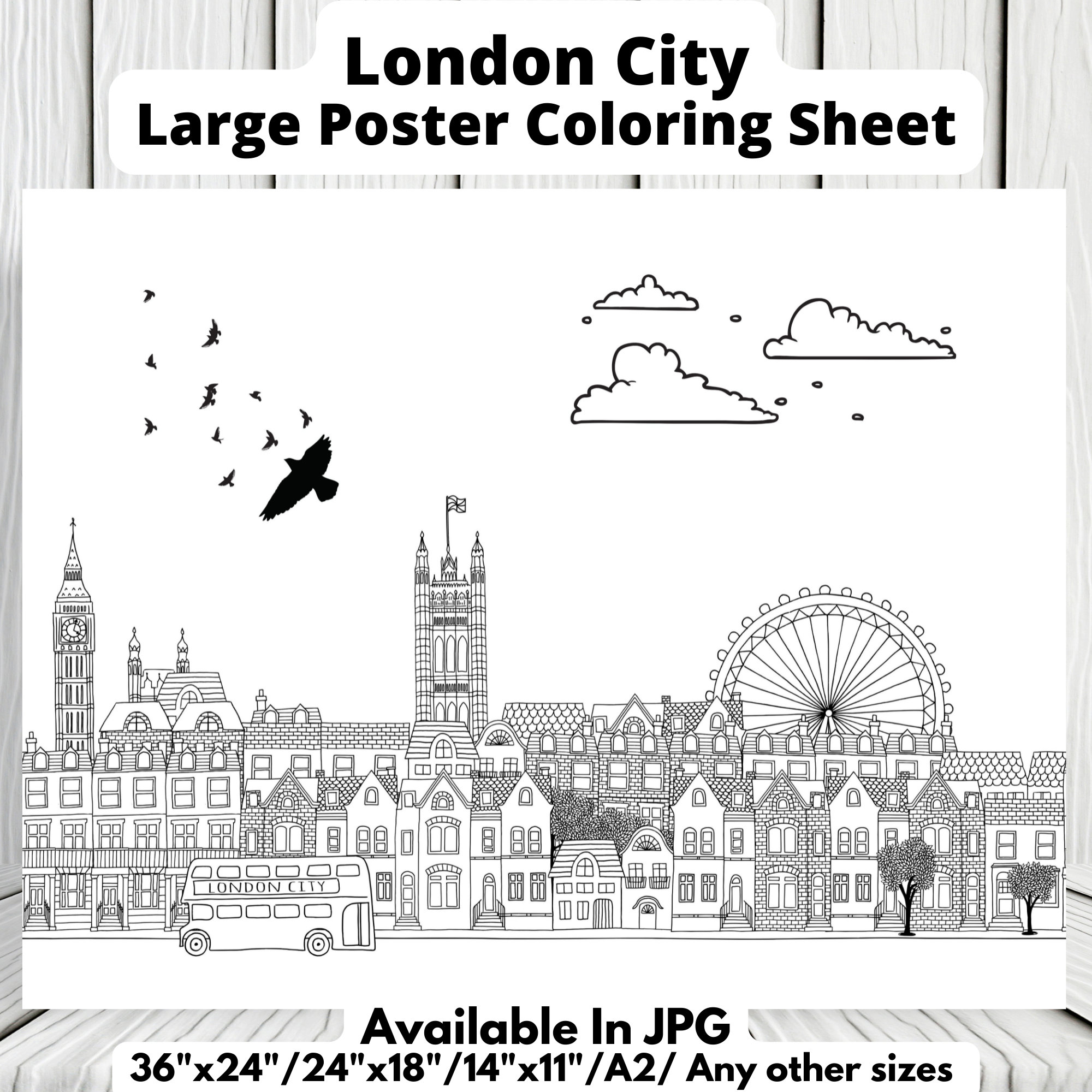 London city coloring sheet printable for adults kidshand drawn illustration blackwhite postercoloring page as bannerinstant download