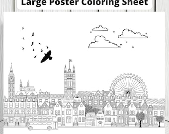London city coloring sheet printable for adults kidshand drawn illustration blackwhite postercoloring page as bannerinstant download download now