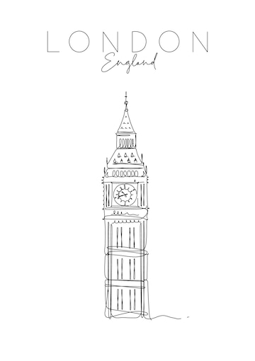 Premium vector poster big ben lettering london england drawing in pen line style on white background