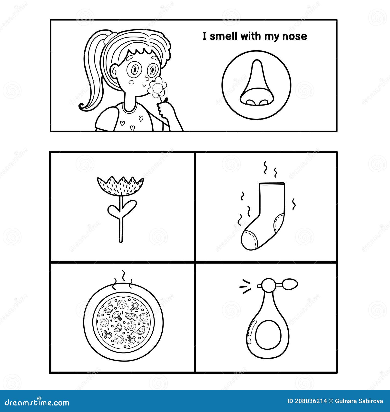 Five senses black and white poster smell sense coloring page for kids stock vector