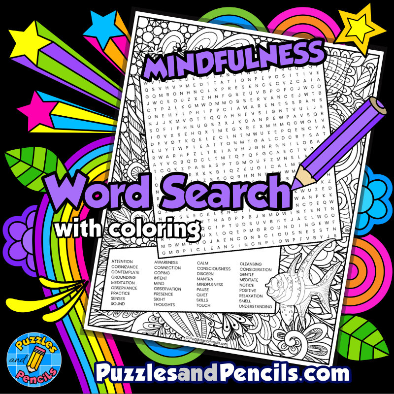 Mindfulness word search puzzle activity page with coloring wordsearch made by teachers