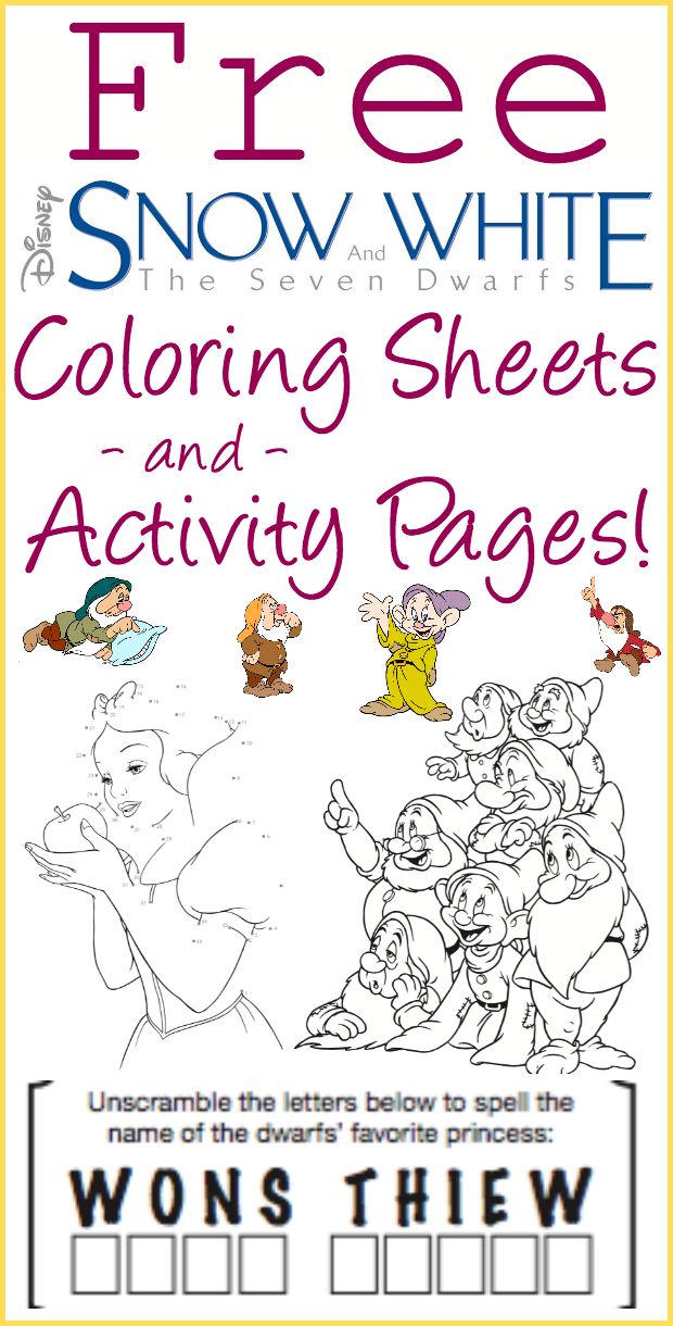 Free printable snow white and the seven dwarfs coloring sheets and activity pages snow white coloring pages adult disney party disney party decorations