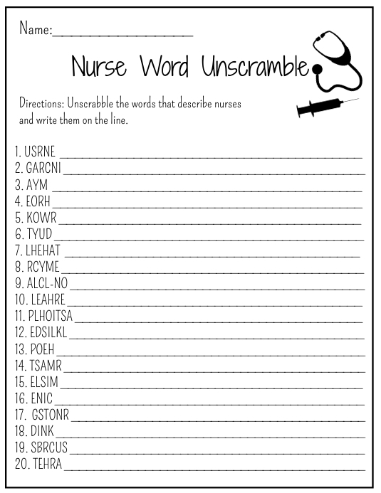 Nurse word unscramble worksheet template