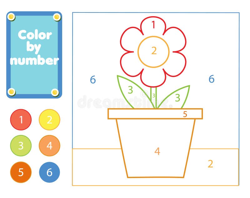 Flower in pot color by numbers educational game for elementary level kids toddlers stock vector