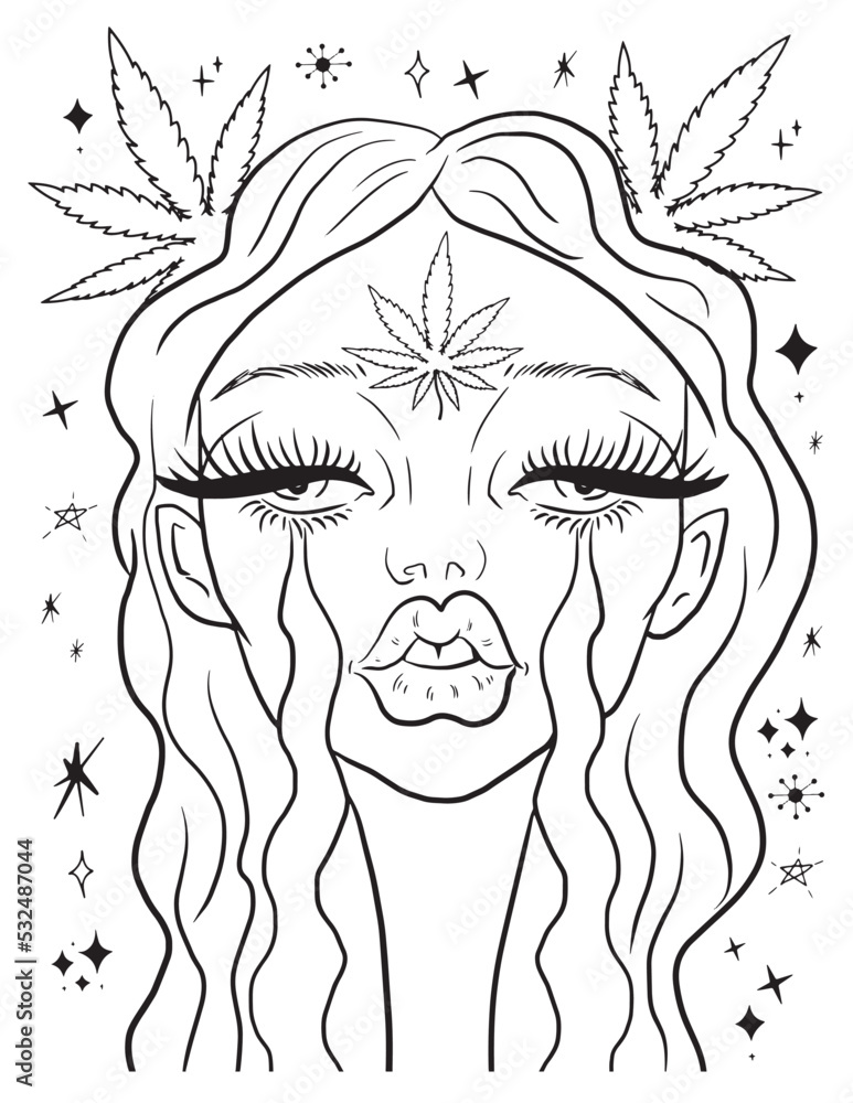 Grafika wektorowa beautiful girl and weed leaf coloring page vector coloring for adults