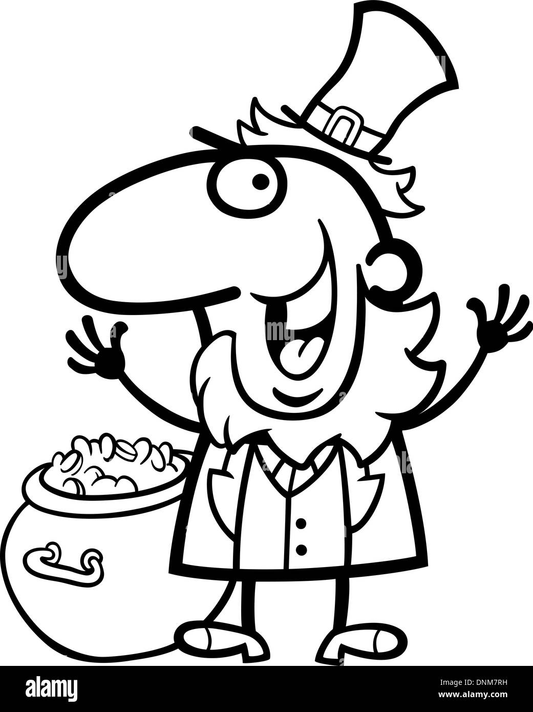 Black and white cartoon illustration of happy leprechaun with pot of gold on st patrick day holiday for coloring book stock vector image art