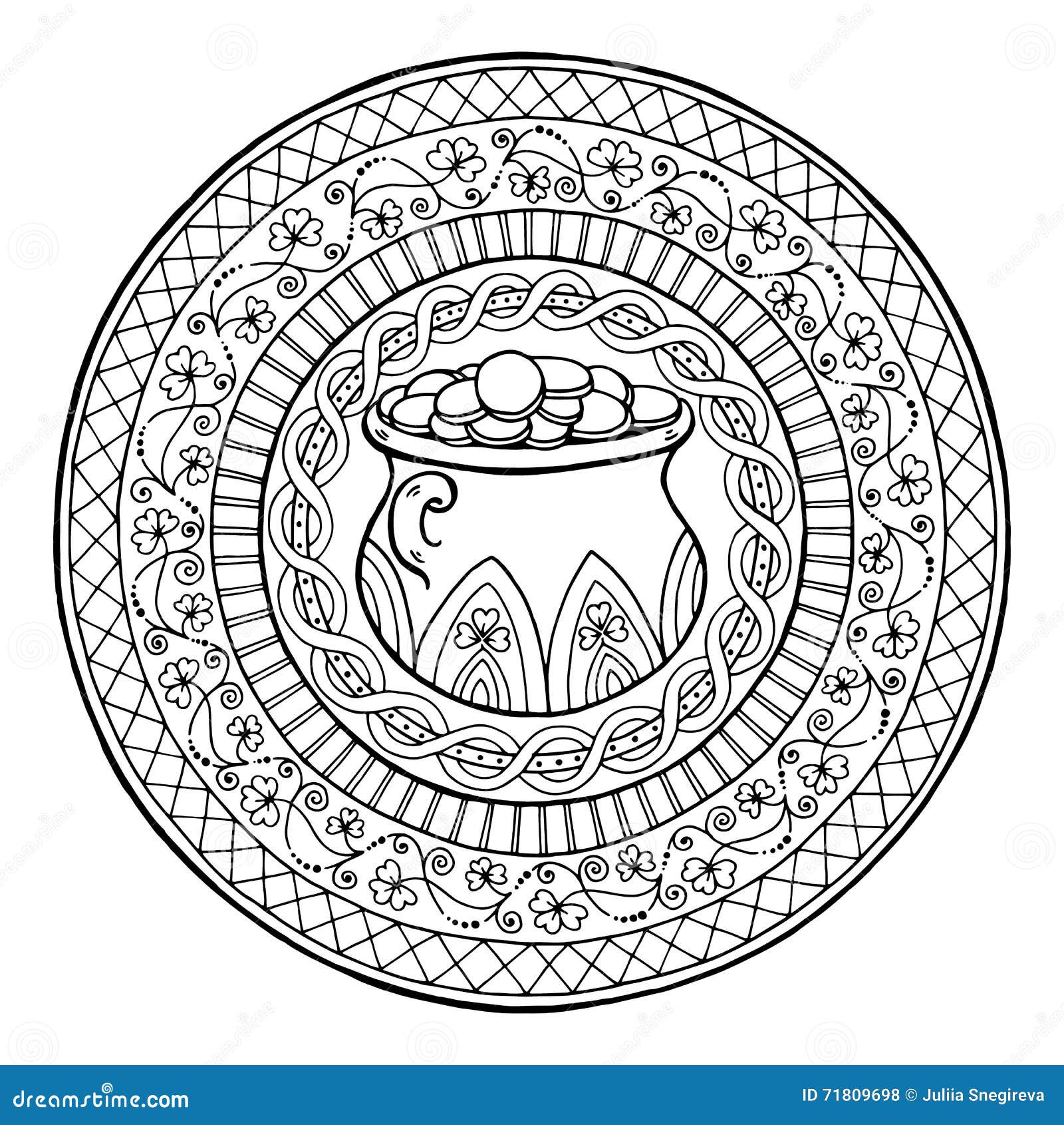 Saint patrick s day theme mandala with irish pot of gold and golden coins with clover and ethnic floral ornament stock vector