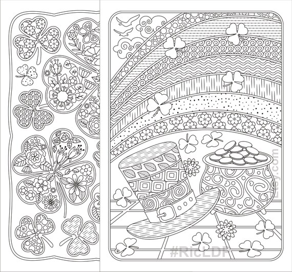 St patricks day coloring pages flowers and clover leaves rainbow pot of gold shamrock design digital download