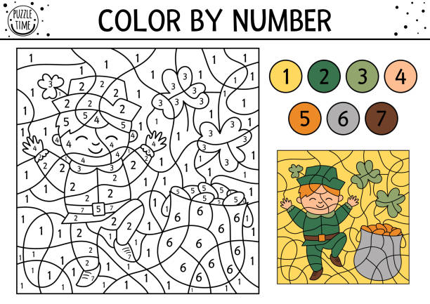 Vector saint patrick color by number activity with boy shamrock leaves pot with gold spring holiday coloring and counting game with cute kid funny irish holiday coloration page for kids stock illustration