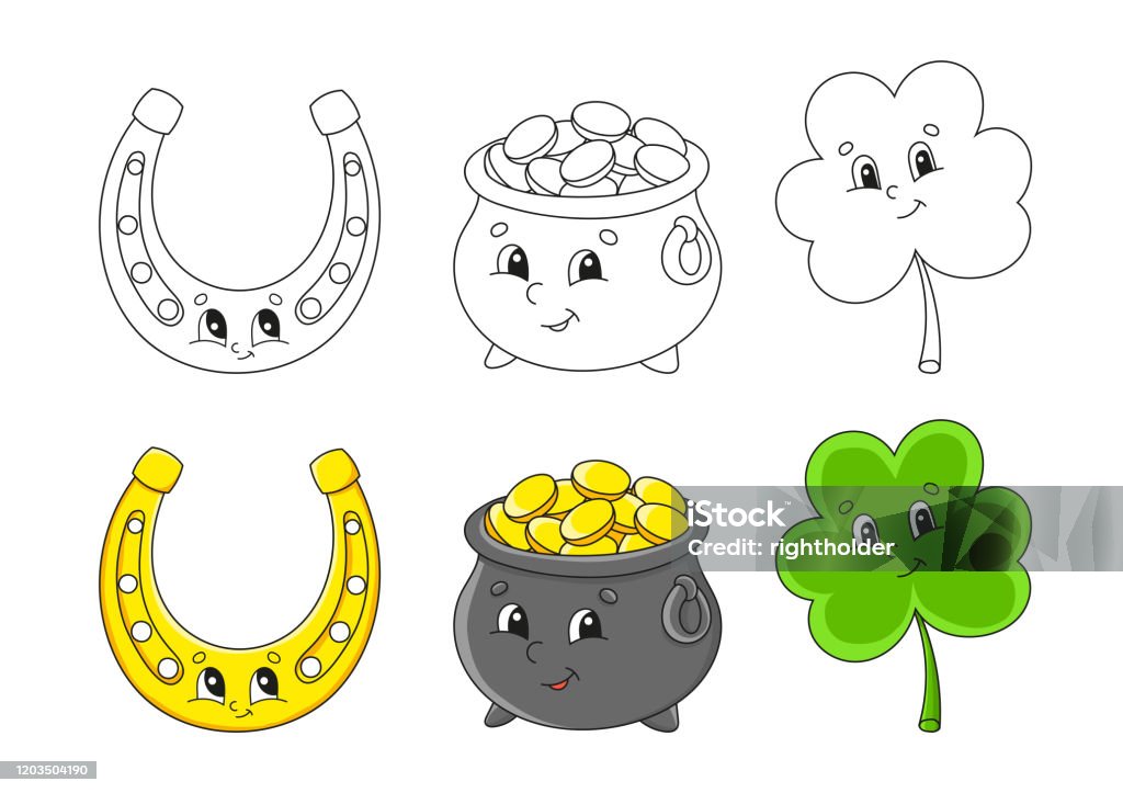 Set coloring page for kids st patrick s day pot of gold cute cartoon characters clover shamrock golden horseshoe black stroke vector illustration with sample stock illustration