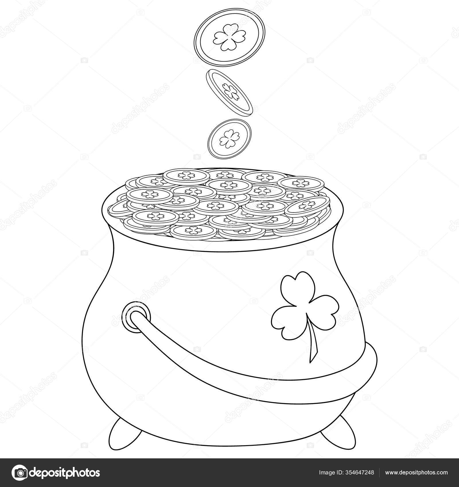 Pot leprechaun gold sketch coins fall pot money clover emblem stock vector by gebbimur