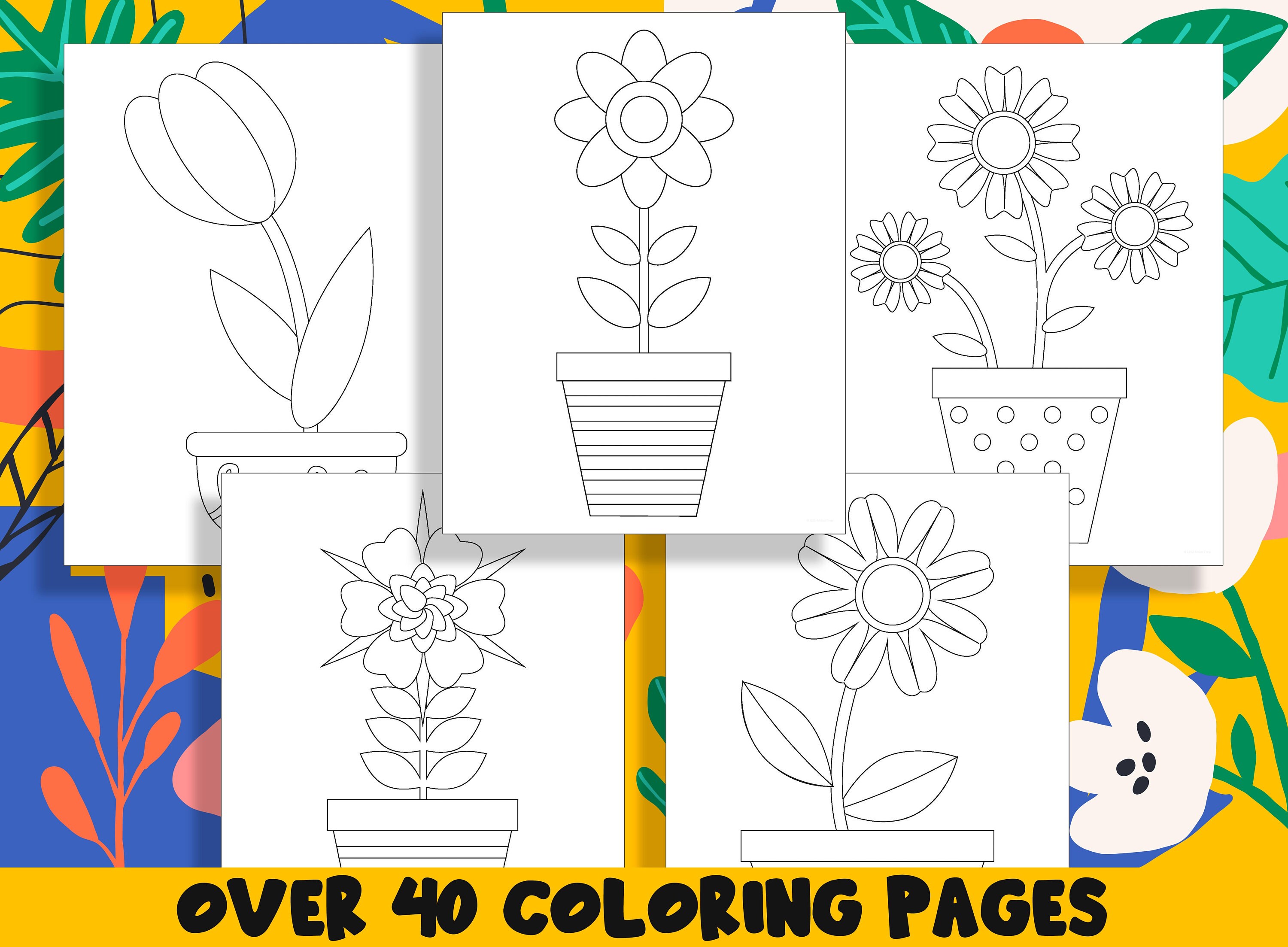 Summer flowers in pots coloring book printable flower coloring pages for kids teaching materials stress relief and relaxation
