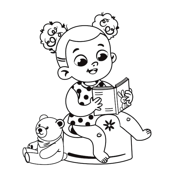 Premium vector black and white cute little girl potty training and reading a book vector illustration