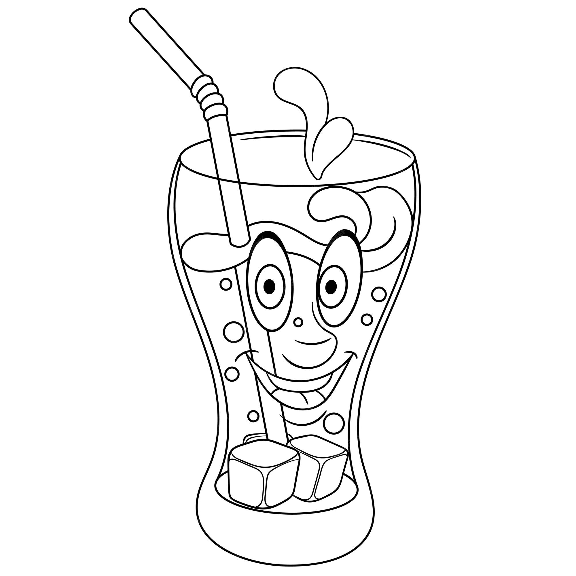 Premium vector cute cola drink in glass cartoon funny food emoji face kids coloring page