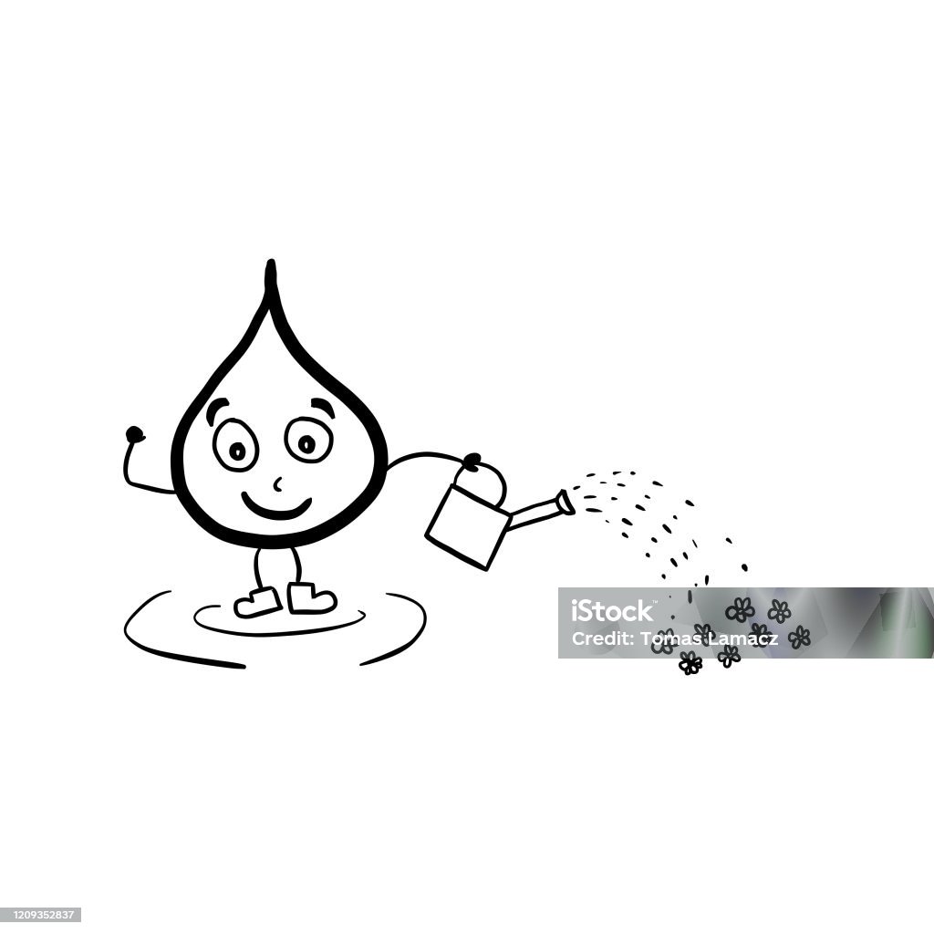 Happy water drop character is pouring flowers outline coloring book for children stock illustration