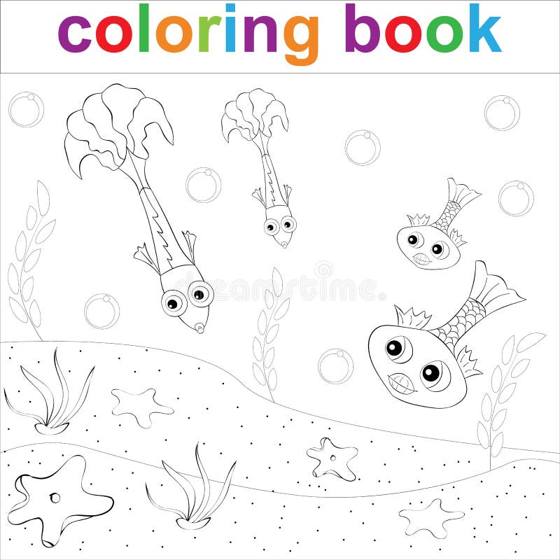 Coloring page template with four cartoon fish and algae for children coloring sea life stock vector