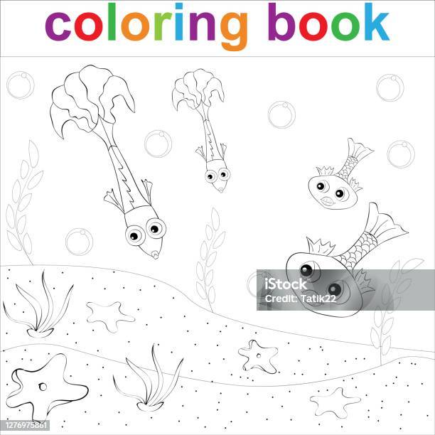 Mewarnai template halaman dengan ikan rumput laut dan bintang laut ilustrasi stok