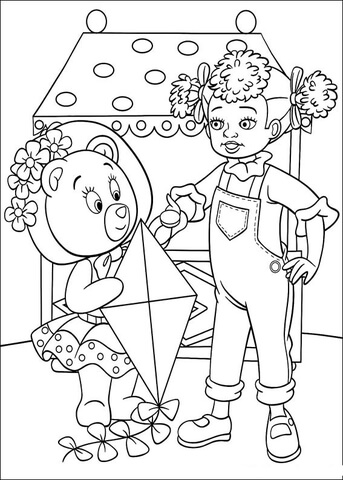 Tessie bear holds a kite and wants to play with dinah doll coloring page free printable coloring pages