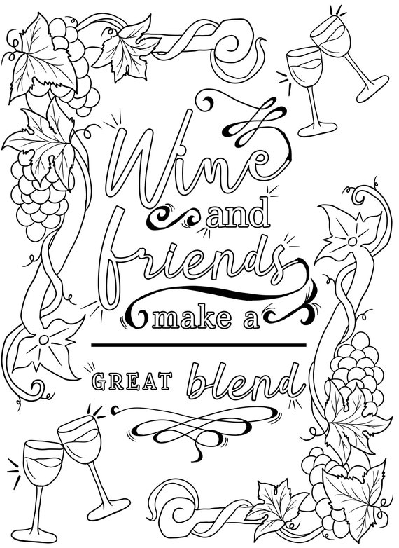 Wine friends make a great blend coloring page instant download pdf grapes drink
