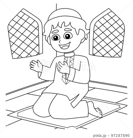 Ramadan muslim boy praying coloring page for kids
