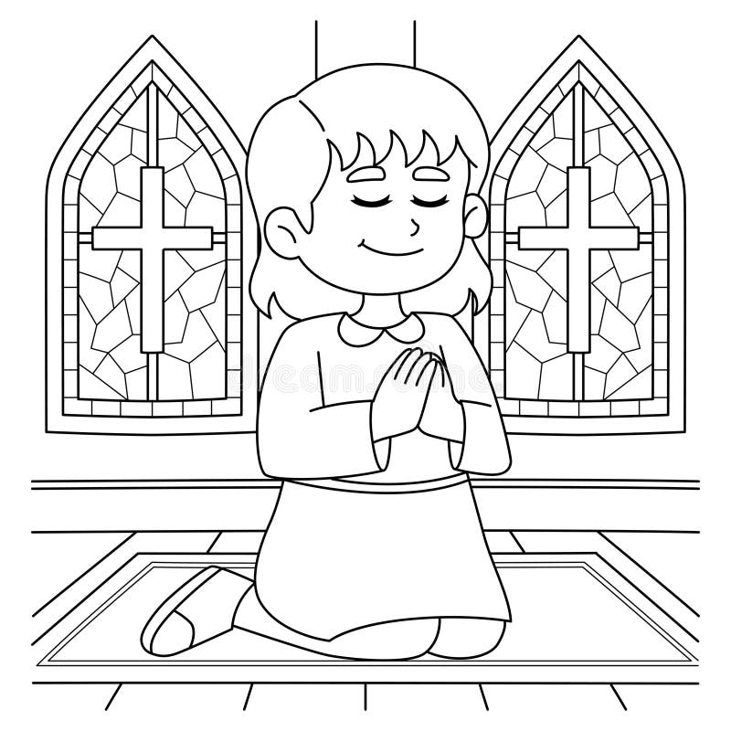Christian girl praying coloring page for kids stock vector