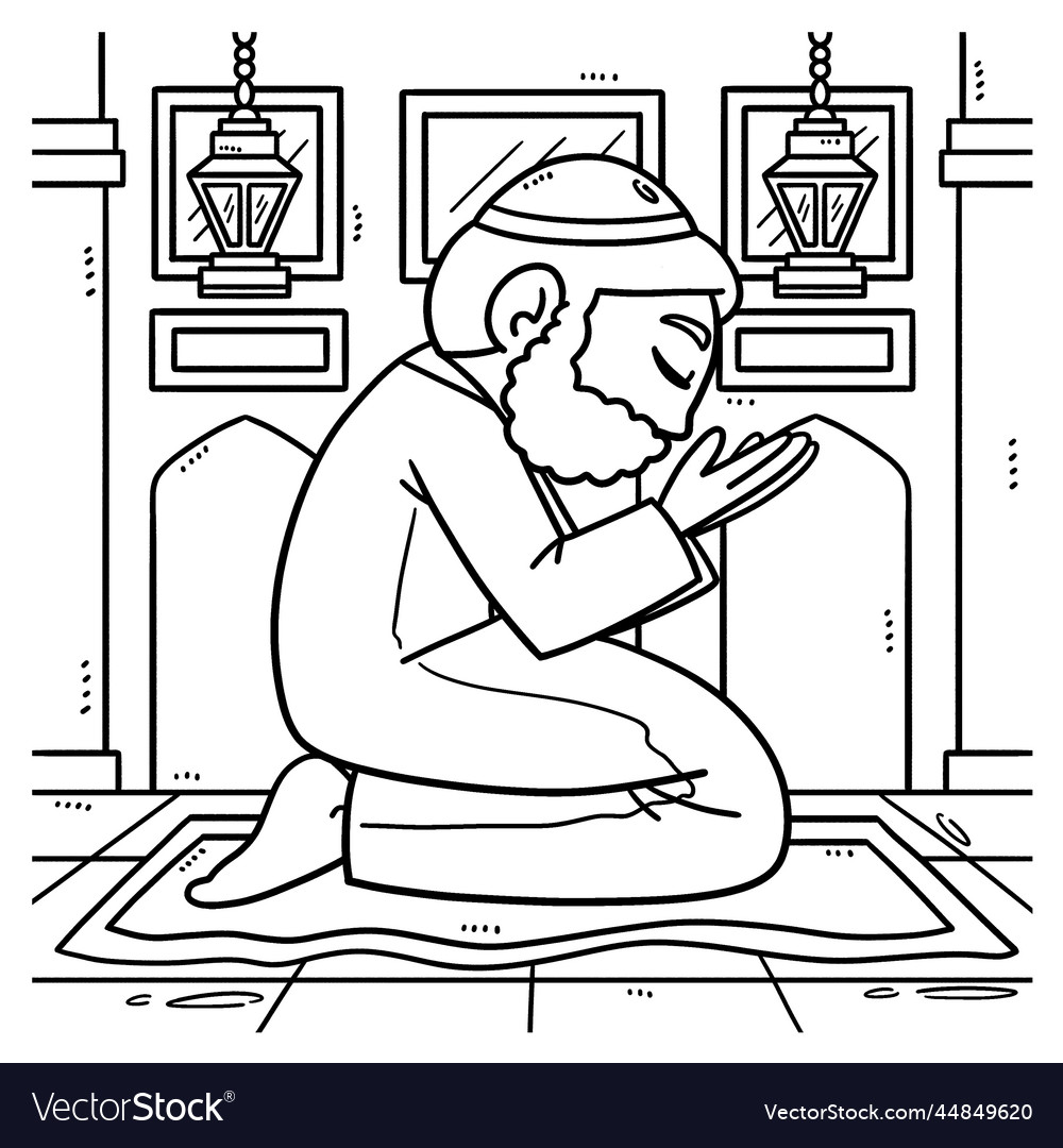 Ramadan muslim praying coloring page for kids vector image
