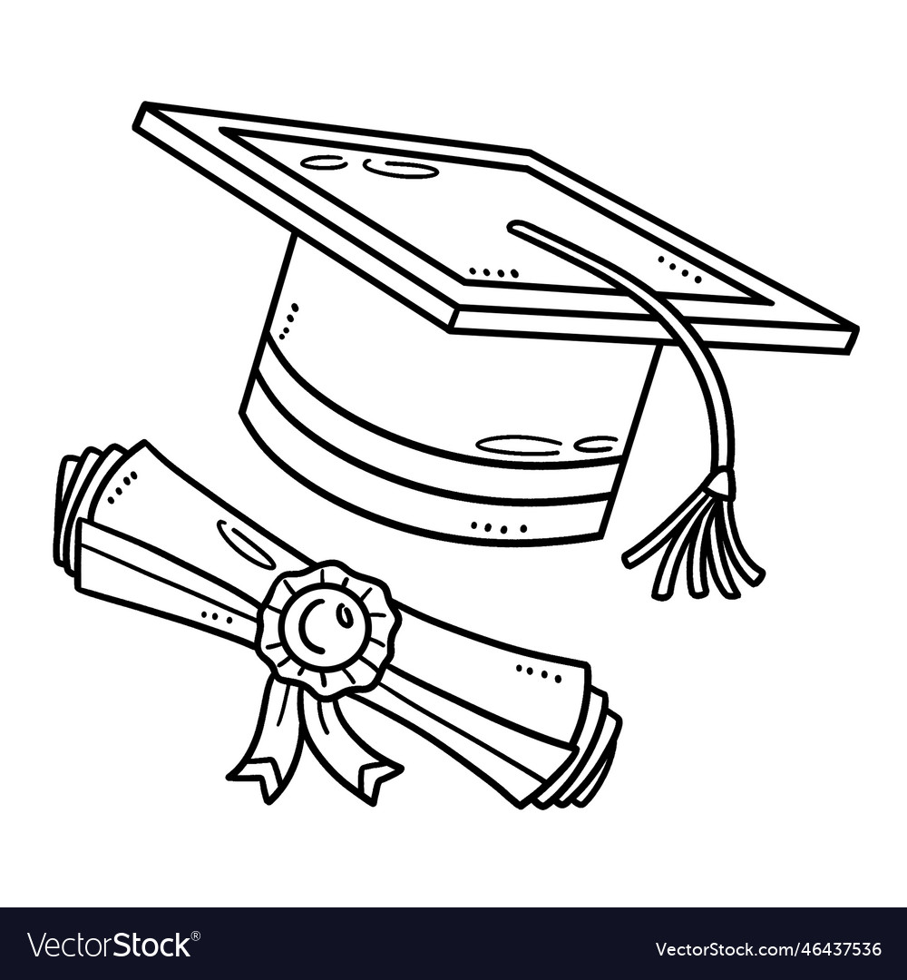 Graduation cap and diploma isolated coloring page vector image