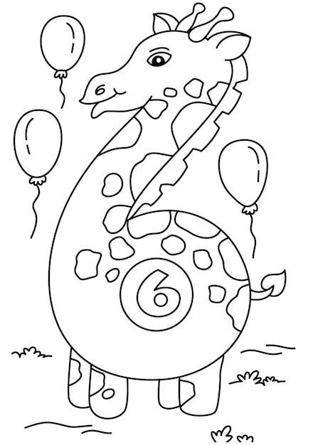 Premium vector giraffe with number six cute coloring page for kids vector