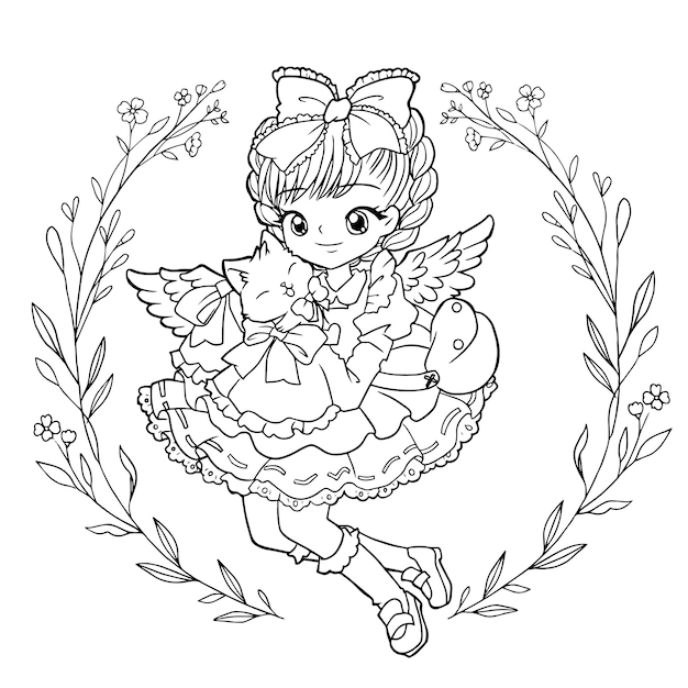 Premium vector coloring page cute girl cartoon kawaii manga illustration clipart kid drawing character