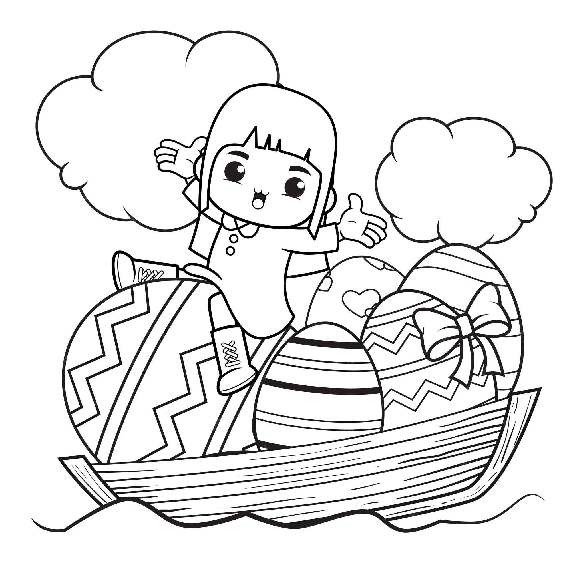 Premium vector coloring page happy easter with cute girl