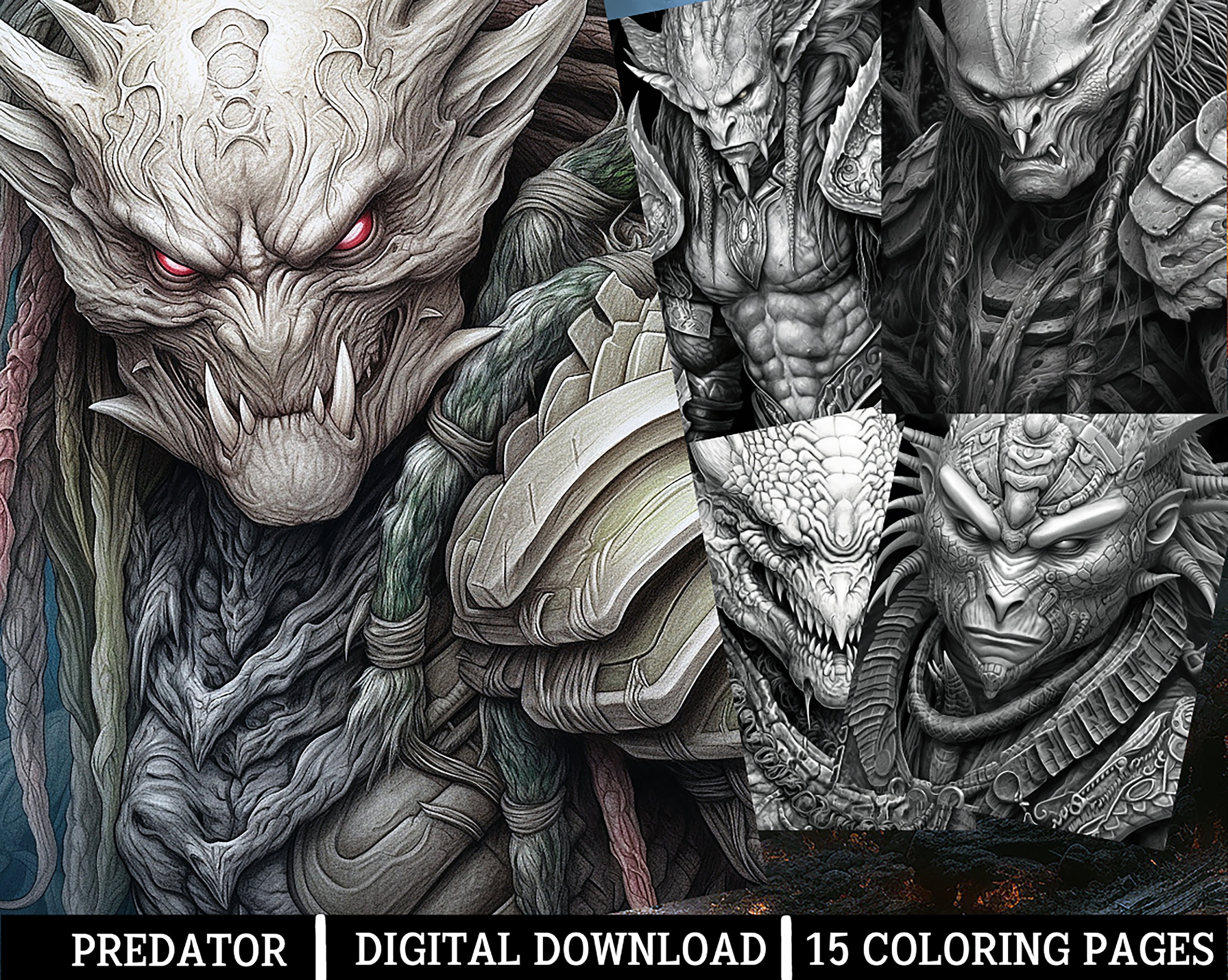 Dread demons coloring pagesfor adults instant download grayscale coloring page printable pngjpeg coloring for adults predator inspired