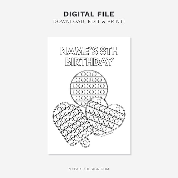 Pop party coloring page fidget birthday activity tween girl or boy party decor instant download printable editable pdf