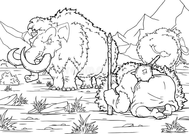 Black and white cartoon illustration educational activity for children with prehistoric characters coloring page stock vector