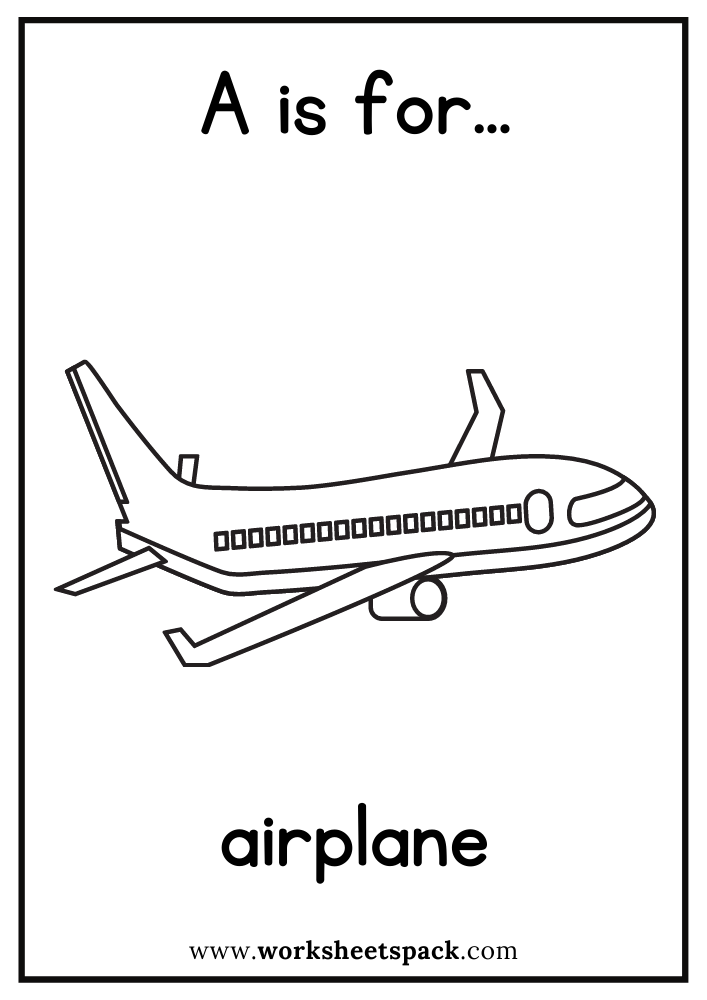 A is for airplane coloring page free airplane flashcard for kindergarten
