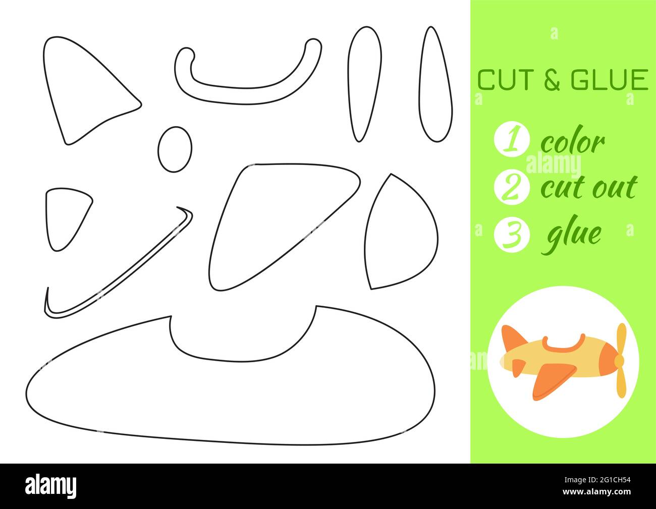 Color cut and glue paper yellow airplane cut and paste craft activity page educational game for preschool children diy worksheet kids logic game stock vector image art