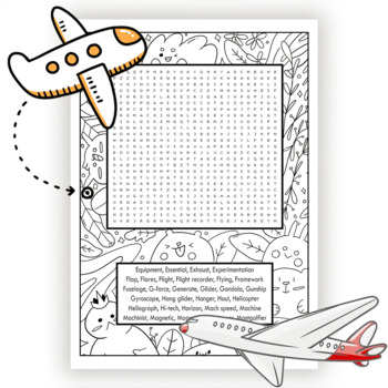 Aviation airplanes word searches puzzle worksheet cute coloring page