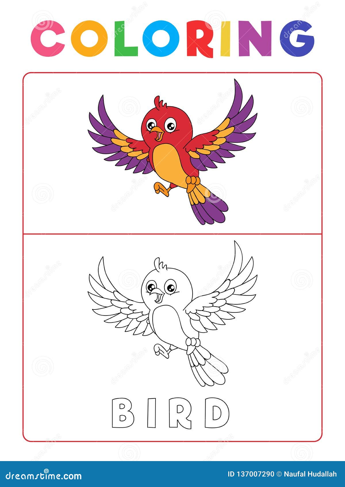 Funny bird coloring book with example preschool worksheet for practicing fine colors recognition skill stock illustration