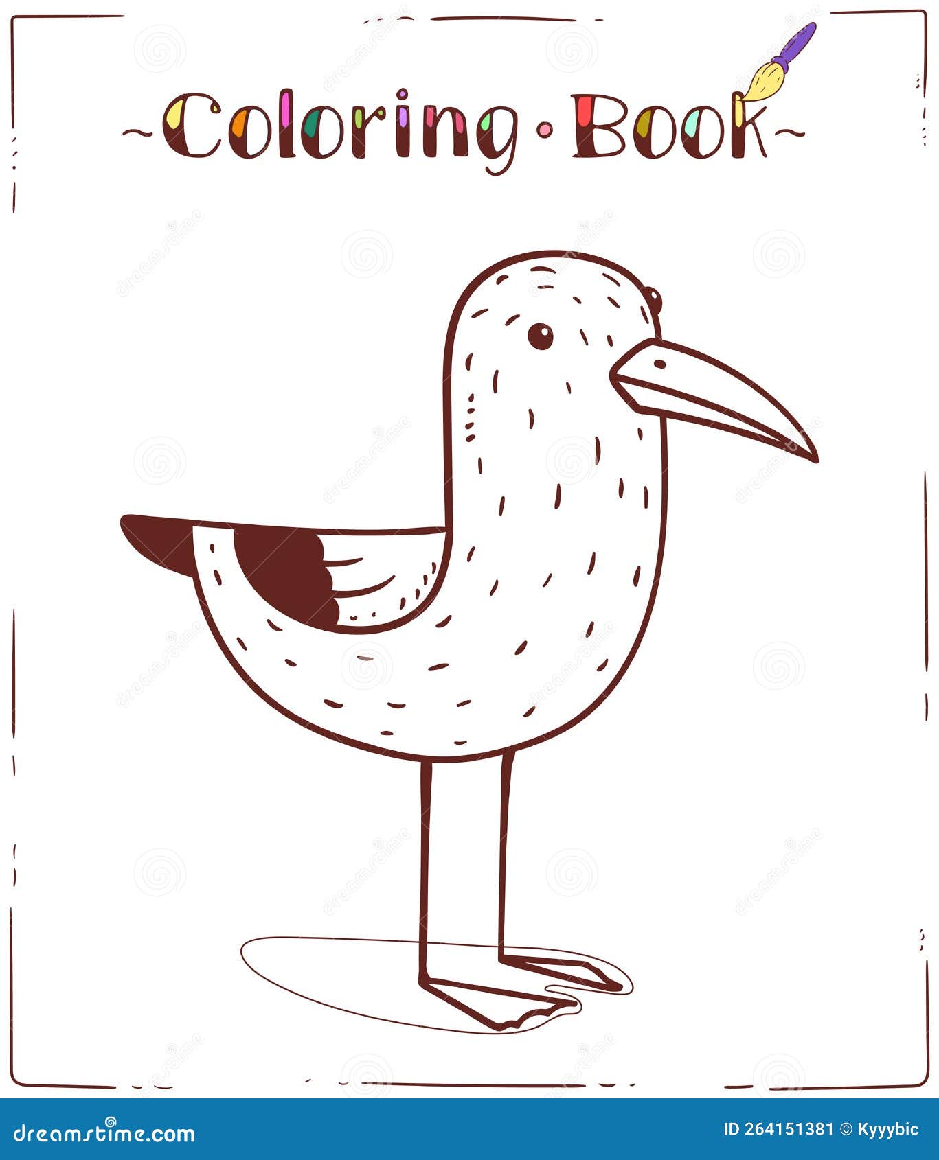 A seagull coloring sheet cartoon outline picture of a bird horizontal colouring book page stock vector