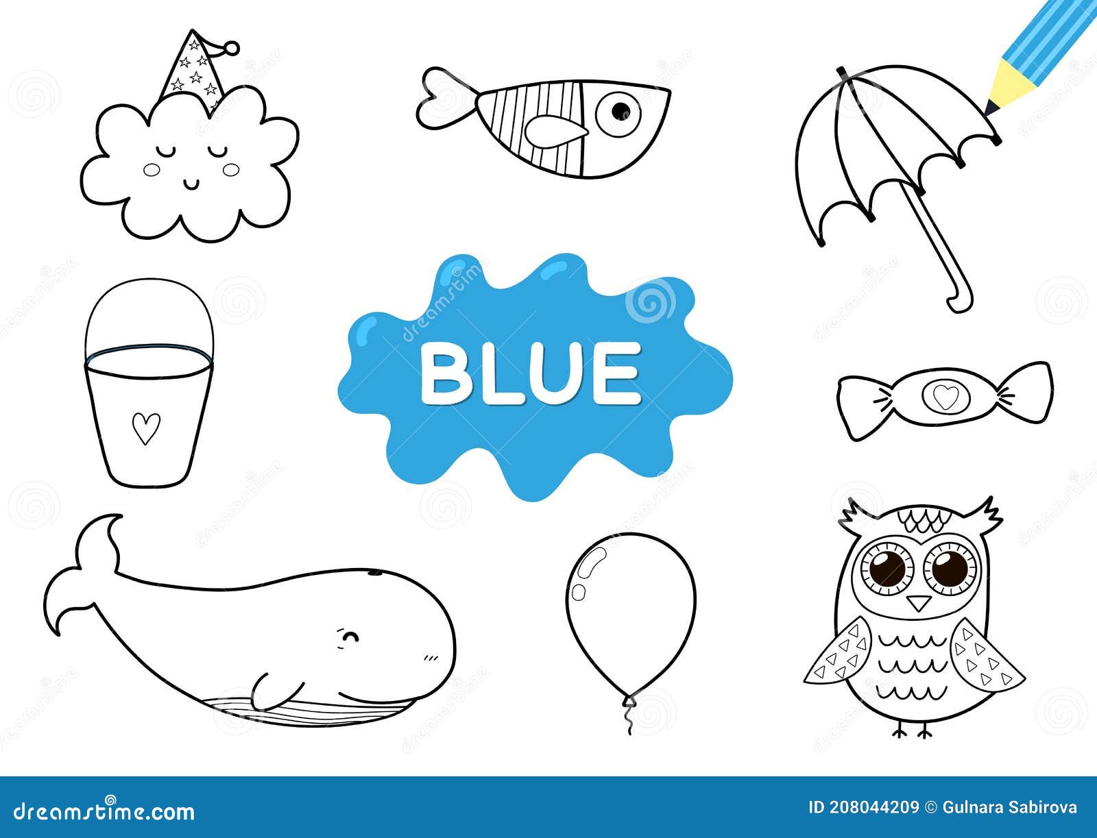Color the elements in blue coloring page for kids stock vector