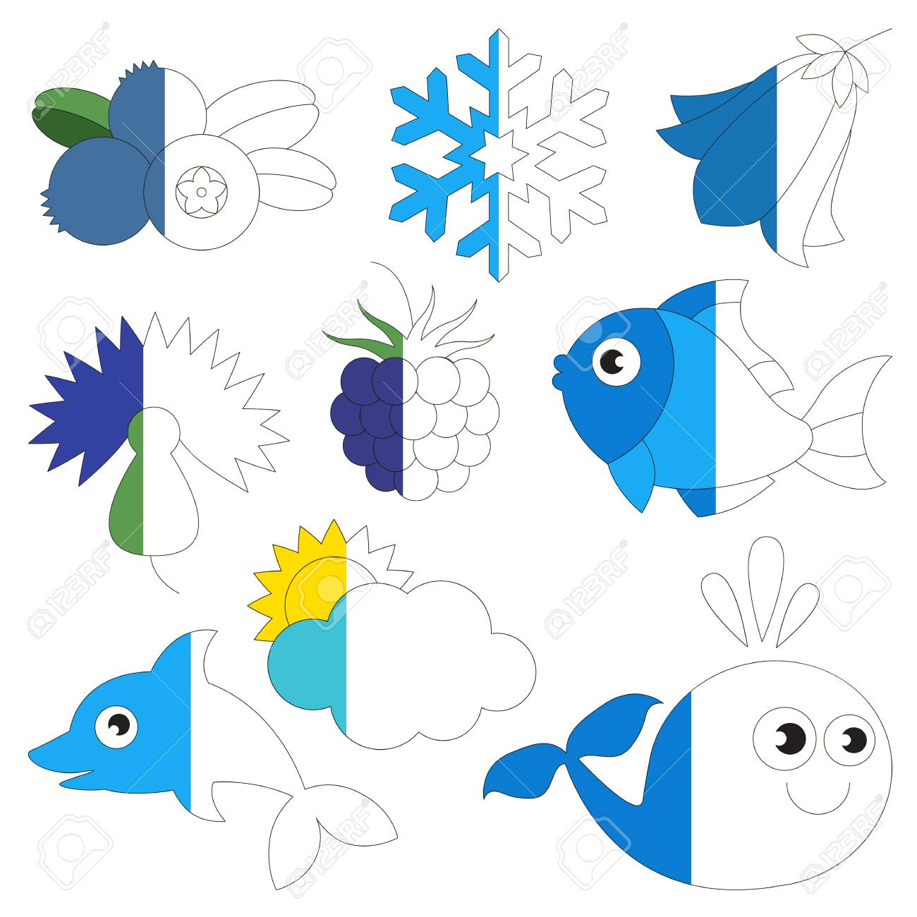 Blue color objects the big collection coloring book to preschool kids with easy gaming level the kid game to color the colorless half by sample royalty free svg cliparts vectors and stock