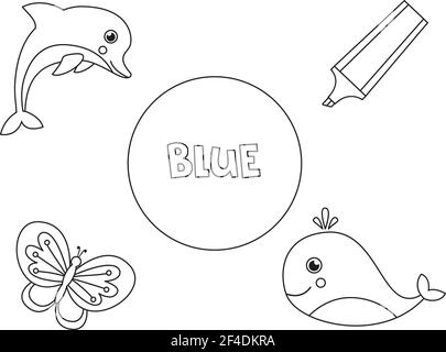 Coloring page with blue objects learning primary colors for kids stock vector image art