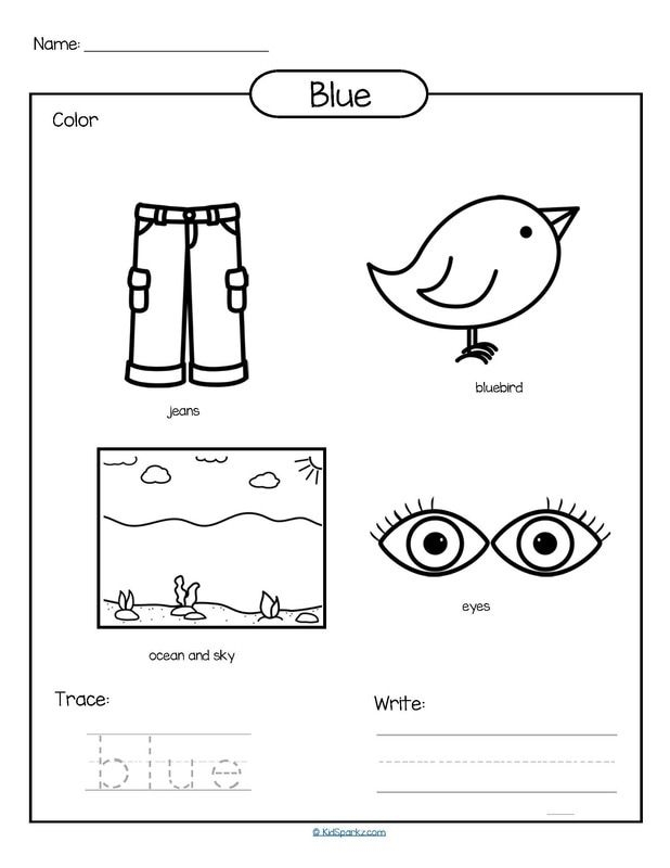 Write and color blue worksheets
