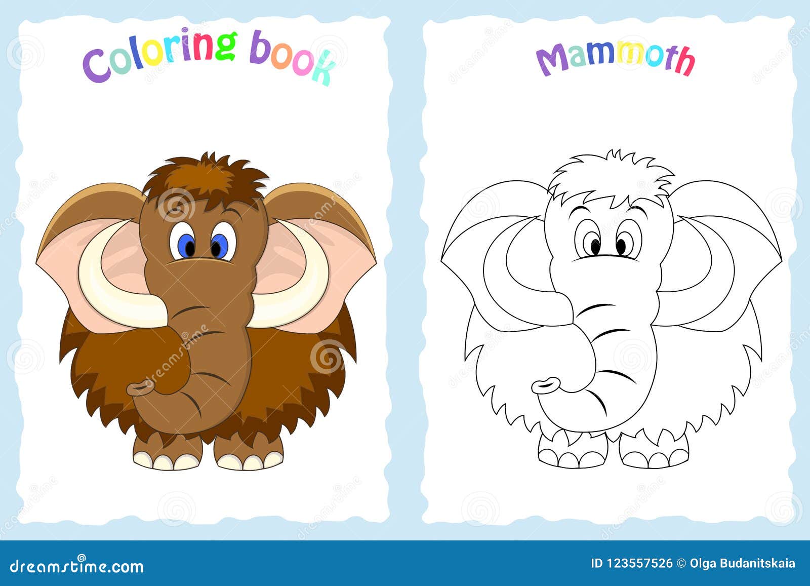 Coloring book page for preschool children with colorful mammoth and sketch to color stock vector
