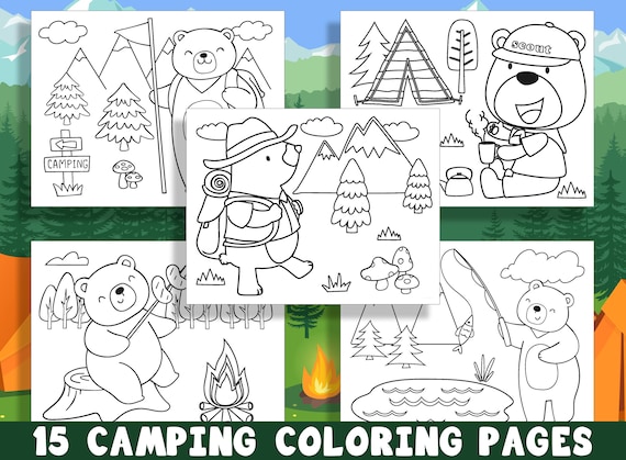 Fun camping coloring pages for preschool and kindergarten kids pdf file includes png transparent images instant download