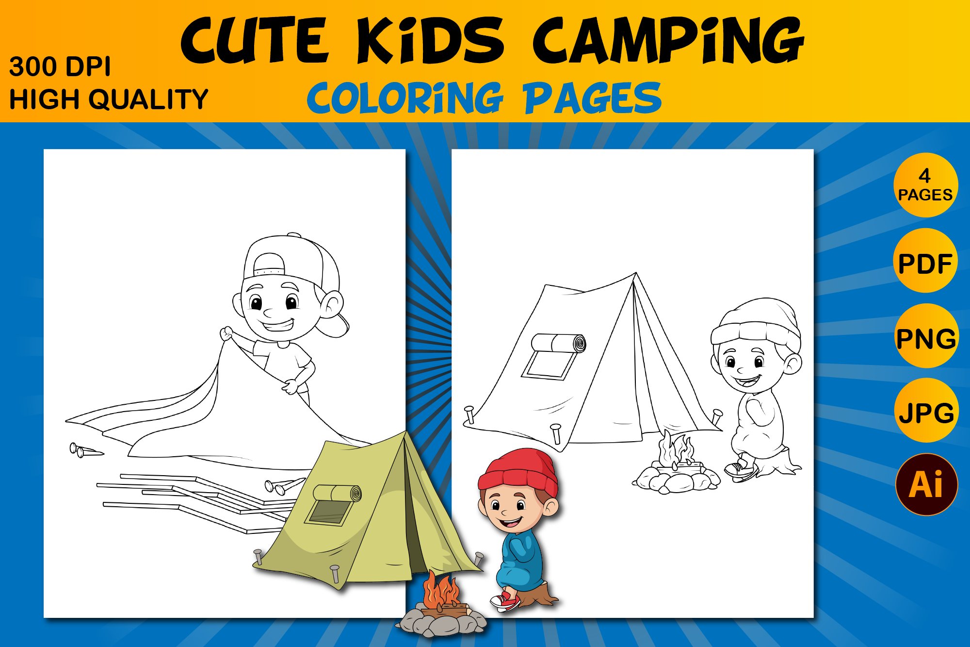 Cute kids camping coloring pages