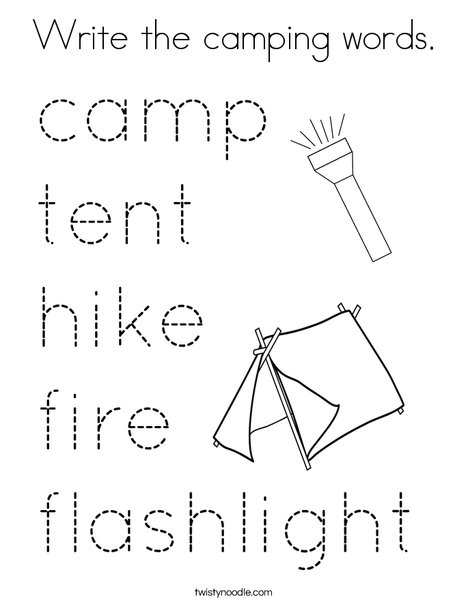 Write the camping words coloring page