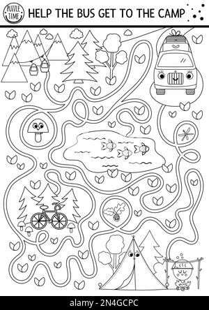 Black and white summer camp maze for children active holidays preschool outline printable activity family road trip labyrinth game or coloring page stock vector image art